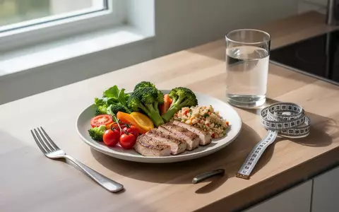 Ein gesundes Gericht mit Gemüse und Protein auf einem Holztisch neben einem Maßband in einer hellen Küche. - Foto: über boerse-global.de