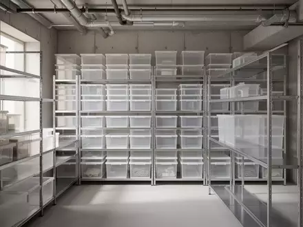 Ein aufgeräumter Kellerbereich mit systematisch angeordneten Metallregalen und einheitlichen Kunststoffboxen zur Lagerung. - Foto: über boerse-global.de