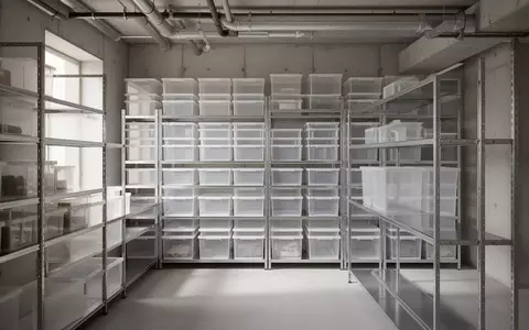 Ein aufgeräumter Kellerbereich mit systematisch angeordneten Metallregalen und einheitlichen Kunststoffboxen zur Lagerung. - Foto: über boerse-global.de