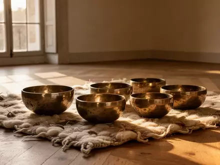 Tibetanische Klangschalen auf einem Wollteppich in einem hellen, ruhigen Raum einer historischen Villa. - Foto: über boerse-global.de