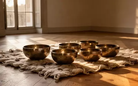 Tibetanische Klangschalen auf einem Wollteppich in einem hellen, ruhigen Raum einer historischen Villa. - Foto: über boerse-global.de
