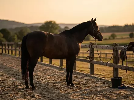Ein Pferd steht in einer ruhigen, von abendlichem Sonnenlicht durchfluteten Reitarena und strahlt meditative Ruhe aus. - Foto: über boerse-global.de