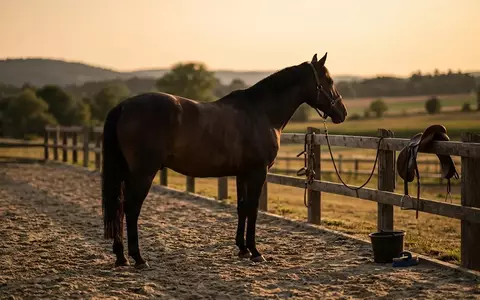 Ein Pferd steht in einer ruhigen, von abendlichem Sonnenlicht durchfluteten Reitarena und strahlt meditative Ruhe aus. - Foto: über boerse-global.de
