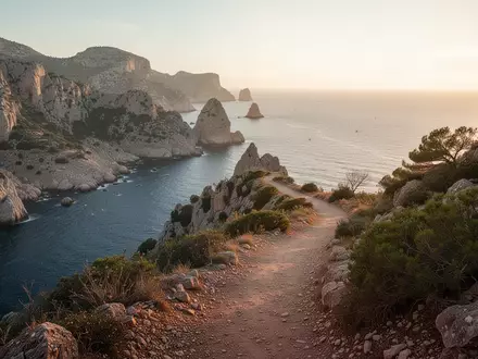 Ein malerischer Wanderweg entlang einer felsigen Küste mit Blick auf das tiefblaue Meer bei Sonnenuntergang. - Foto: über boerse-global.de