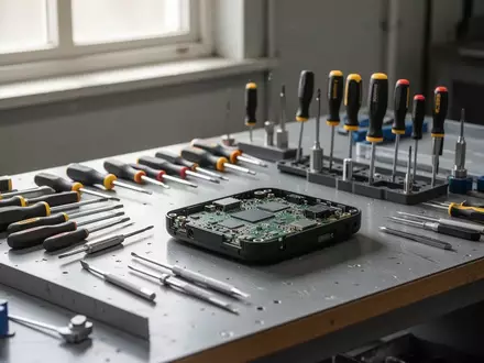Werkbank in einer Reparaturwerkstatt mit verschiedenen Werkzeugen und zerlegten elektronischen Bauteilen. - Foto: über boerse-global.de
