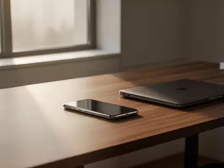 Ein modernes Homeoffice bei Morgenlicht mit einem Smartphone und einem Laptop auf einem Holztisch. - Foto: über boerse-global.de