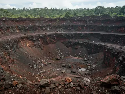 Eine weitläufige, zerklüftete Kupfermine in einer tropischen Berglandschaft bei natürlichem Tageslicht. - Foto: über boerse-global.de