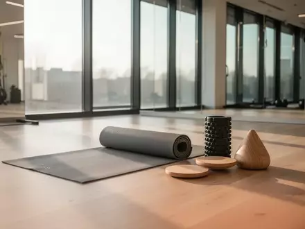 Minimalistisches Sportstudio mit einer Yogamatte, einer Faszienrolle und Balance-Blöcken auf einem Holzboden. - Foto: über boerse-global.de