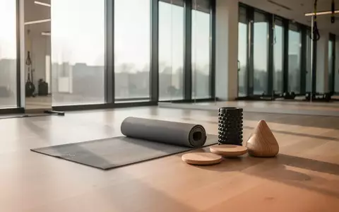 Minimalistisches Sportstudio mit einer Yogamatte, einer Faszienrolle und Balance-Blöcken auf einem Holzboden. - Foto: über boerse-global.de