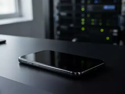 Ein ausgeschaltetes Smartphone auf einem dunklen Schreibtisch vor einem unscharfen Hintergrund aus Server-Technik. - Foto: über boerse-global.de