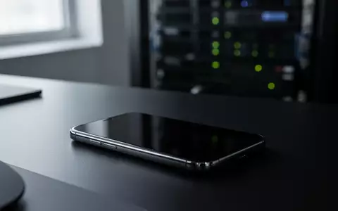Ein ausgeschaltetes Smartphone auf einem dunklen Schreibtisch vor einem unscharfen Hintergrund aus Server-Technik. - Foto: über boerse-global.de