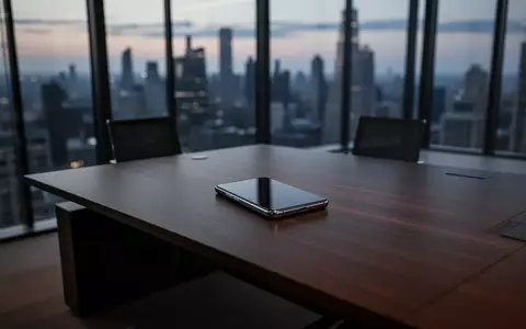 Ein minimalistischer, moderner Schreibtisch in einem Büro bei Dämmerung mit einem Smartphone, das mit dem Display nach unten liegt. - Foto: über boerse-global.de