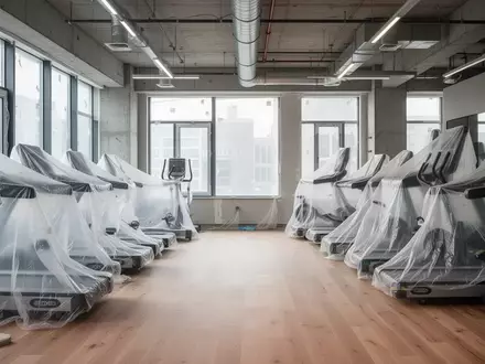 Ein leerer Fitnessraum während Umbauarbeiten mit abgedeckten Geräten und natürlichem Licht. - Foto: über boerse-global.de