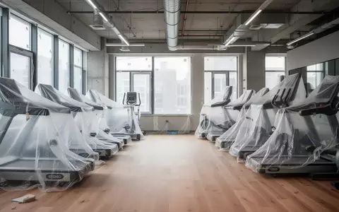 Ein leerer Fitnessraum während Umbauarbeiten mit abgedeckten Geräten und natürlichem Licht. - Foto: über boerse-global.de