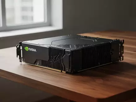 Ein technisches NVIDIA-Rechenmodul auf einem minimalistischen Schreibtisch in einer professionellen Arbeitsumgebung. - Foto: über boerse-global.de