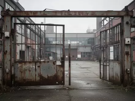 Verlassenes Fabriktor einer geschlossenen Konservenfabrik mit leerem Betriebshof bei bewölktem Himmel. - Foto: über boerse-global.de