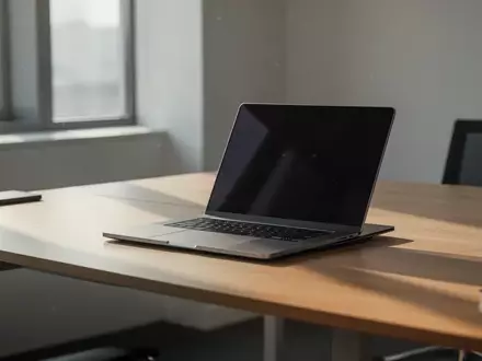Ein geschlossener Laptop auf einem minimalistischen Schreibtisch in einer modernen Büroumgebung. - Foto: über boerse-global.de