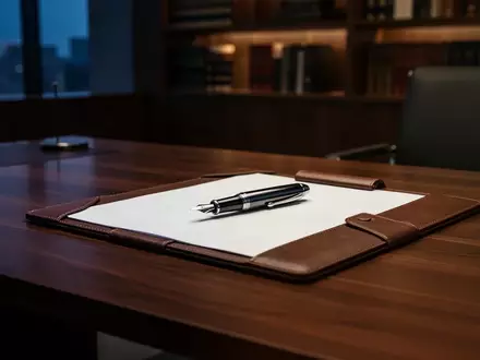 Ein minimalistischer Schreibtisch aus Mahagoni mit einem leeren Leder-Dokumentenordner in einer modernen Kanzlei. - Foto: über boerse-global.de