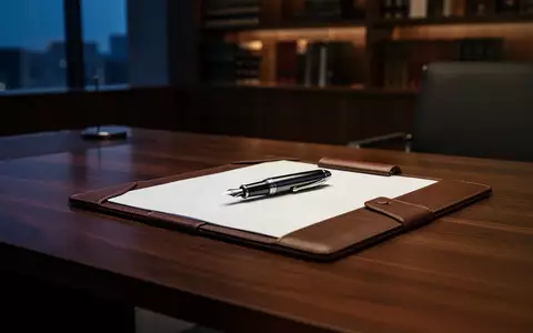 Ein minimalistischer Schreibtisch aus Mahagoni mit einem leeren Leder-Dokumentenordner in einer modernen Kanzlei. - Foto: über boerse-global.de