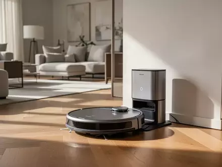 Ein moderner Saugroboter steht neben seiner Ladestation auf einem hellen Holzboden in einem minimalistisch eingerichteten Raum. - Foto: über boerse-global.de
