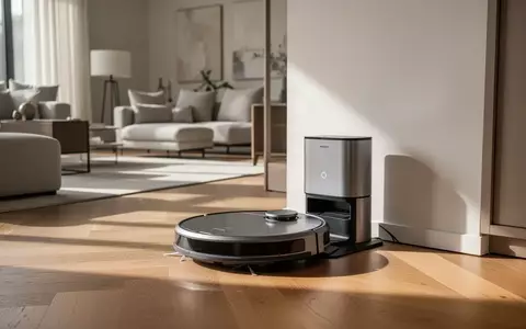 Ein moderner Saugroboter steht neben seiner Ladestation auf einem hellen Holzboden in einem minimalistisch eingerichteten Raum. - Foto: über boerse-global.de