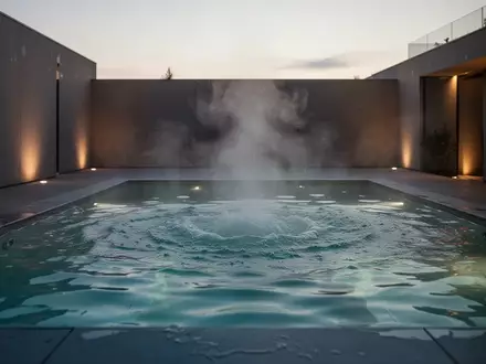 Ein leerer Whirlpool mit aufsteigendem Dampf bei Dämmerung in einer modernen Wellness-Umgebung. - Foto: über boerse-global.de