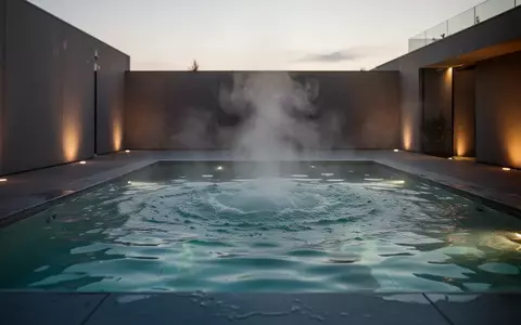 Ein leerer Whirlpool mit aufsteigendem Dampf bei Dämmerung in einer modernen Wellness-Umgebung. - Foto: über boerse-global.de