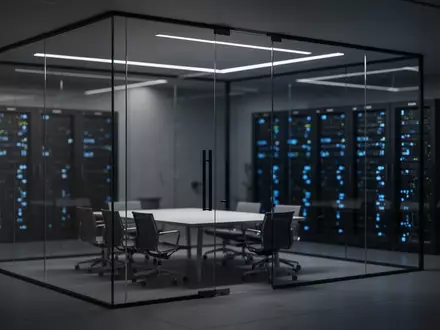 Ein minimalistisches, modernes Büro mit einem leeren Konferenzraum und einem verschwommenen Server-Rack im Hintergrund. - Foto: über boerse-global.de