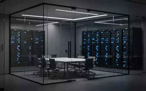Ein minimalistisches, modernes Büro mit einem leeren Konferenzraum und einem verschwommenen Server-Rack im Hintergrund. - Foto: über boerse-global.de