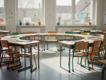 Ein heller, leerer Klassenraum einer Grundschule mit Holzmöbeln und einfallendem Tageslicht. - Foto: über boerse-global.de
