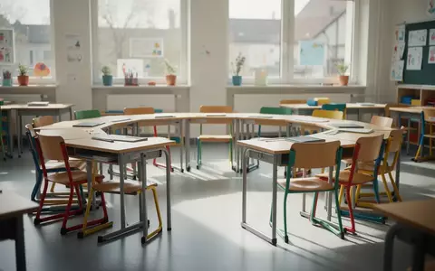 Ein heller, leerer Klassenraum einer Grundschule mit Holzmöbeln und einfallendem Tageslicht. - Foto: über boerse-global.de