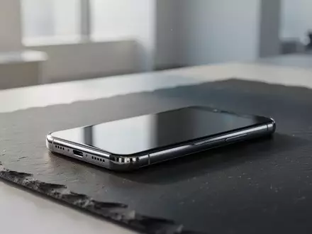 Ein modernes Smartphone liegt auf einer dunklen Schieferoberfläche in einer minimalistischen Büroumgebung. - Foto: über boerse-global.de