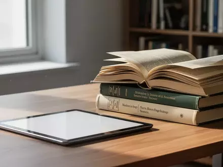Ein moderner Schreibtisch mit einem leeren Tablet und aufgeschlagenen Fachbüchern in einer hellen, professionellen Umgebung. - Foto: über boerse-global.de