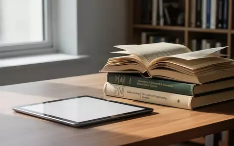 Ein moderner Schreibtisch mit einem leeren Tablet und aufgeschlagenen Fachbüchern in einer hellen, professionellen Umgebung. - Foto: über boerse-global.de