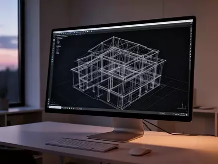 Ein moderner Architektur-Arbeitsplatz mit einem 3D-Drahtgittermodell eines Gebäudes auf einem dunklen Monitor. - Foto: über boerse-global.de