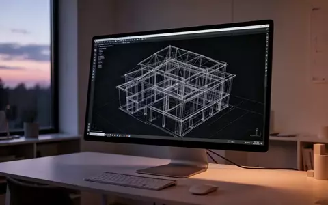 Ein moderner Architektur-Arbeitsplatz mit einem 3D-Drahtgittermodell eines Gebäudes auf einem dunklen Monitor. - Foto: über boerse-global.de