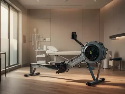 Ein minimalistischer Raum mit einem Rudergerät in einer modernen Sportanlage bei natürlichem Morgenlicht. - Foto: über boerse-global.de