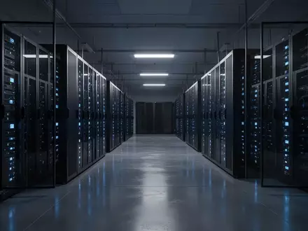 Serverraum einer Universität mit blau beleuchteten Serverschränken in einer modernen, dunklen Umgebung. - Foto: über boerse-global.de