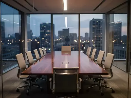 Ein leerer Konferenzraum in einem modernen Bürogebäude bei Dämmerung mit einem großen Holztisch. - Foto: über boerse-global.de