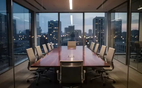 Ein leerer Konferenzraum in einem modernen Bürogebäude bei Dämmerung mit einem großen Holztisch. - Foto: über boerse-global.de