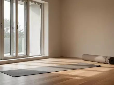 Minimalistisch eingerichteter Raum für Meditation und Yoga mit natürlichem Lichteinfall auf einem Holzboden. - Foto: über boerse-global.de
