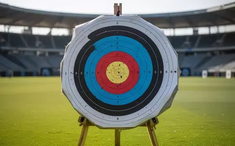 Eine Bogenschießscheibe auf einem Sportplatz vor einer unscharfen Stadionkulisse bei Tageslicht. - Foto: über boerse-global.de