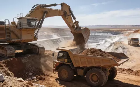 Moderne Lithium-Mine mit schwerem Gerät in einer weitläufigen Landschaft bei Tageslicht. - Foto: über boerse-global.de