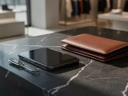 Ein Smartphone liegt neben einer Ledergeldbörse auf einer dunklen Marmoroberfläche in einer modernen Umgebung. - Foto: über boerse-global.de