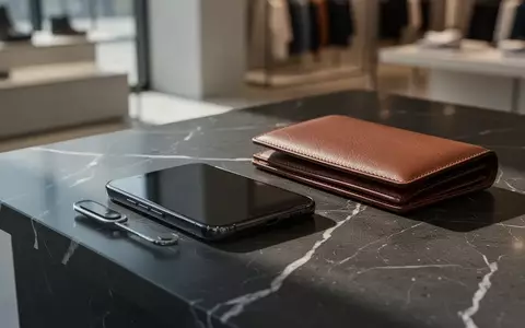 Ein Smartphone liegt neben einer Ledergeldbörse auf einer dunklen Marmoroberfläche in einer modernen Umgebung. - Foto: über boerse-global.de