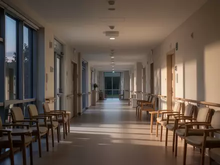 Leerer Flur in einem modernen Pflegeheim mit sanftem Lichteinfall durch große Fenster. - Foto: über boerse-global.de
