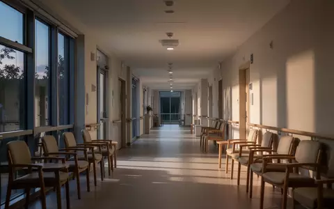 Leerer Flur in einem modernen Pflegeheim mit sanftem Lichteinfall durch große Fenster. - Foto: über boerse-global.de