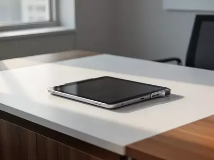 Ein minimalistischer Büroarbeitsplatz mit einem auf der Vorderseite liegenden Tablet auf einem Holztisch bei Tageslicht. - Foto: über boerse-global.de