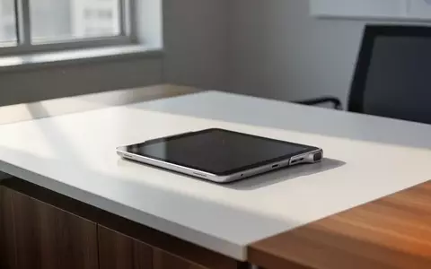 Ein minimalistischer Büroarbeitsplatz mit einem auf der Vorderseite liegenden Tablet auf einem Holztisch bei Tageslicht. - Foto: über boerse-global.de