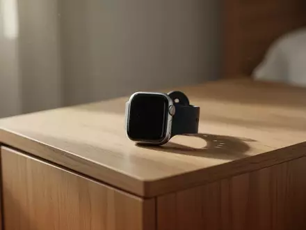 Eine moderne Smartwatch liegt auf einem minimalistischen Nachttisch in weichem Tageslicht. - Foto: über boerse-global.de
